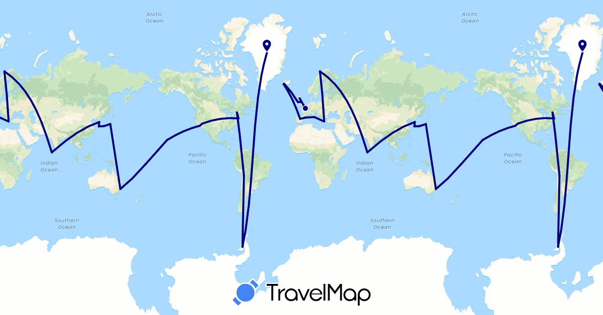 TravelMap itinerary: driving in Australia, Bolivia, Canada, Spain, France, United Kingdom, Greenland, Greece, Ireland, Iceland, Italy, Japan, South Korea, Maldives, Norway, United States (Asia, Europe, North America, Oceania, South America)